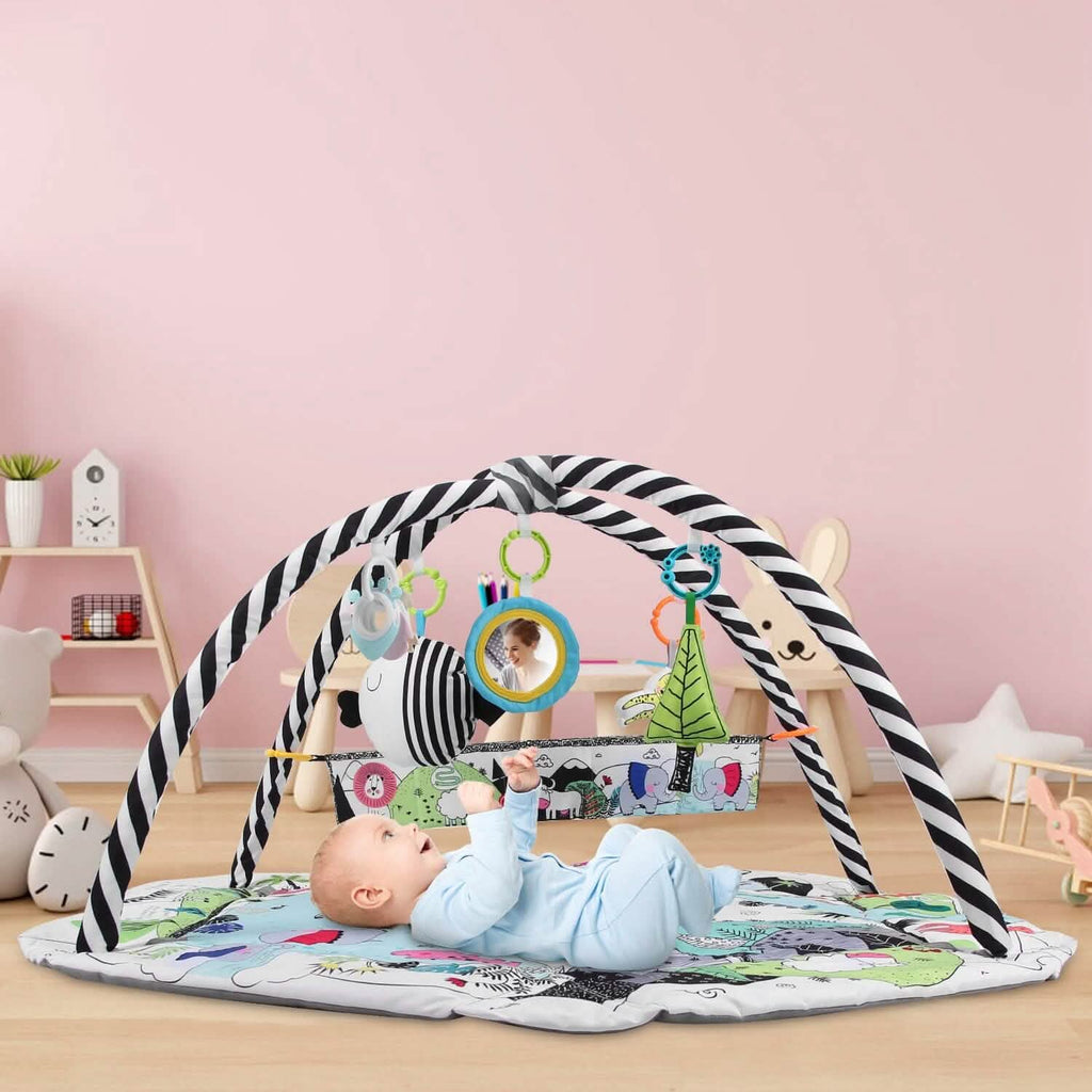 Tapis de Jeu et Parc Bébé 4-en-1 avec Oreiller, 18 Balles et 9 Jouets pour 0-3 Ans