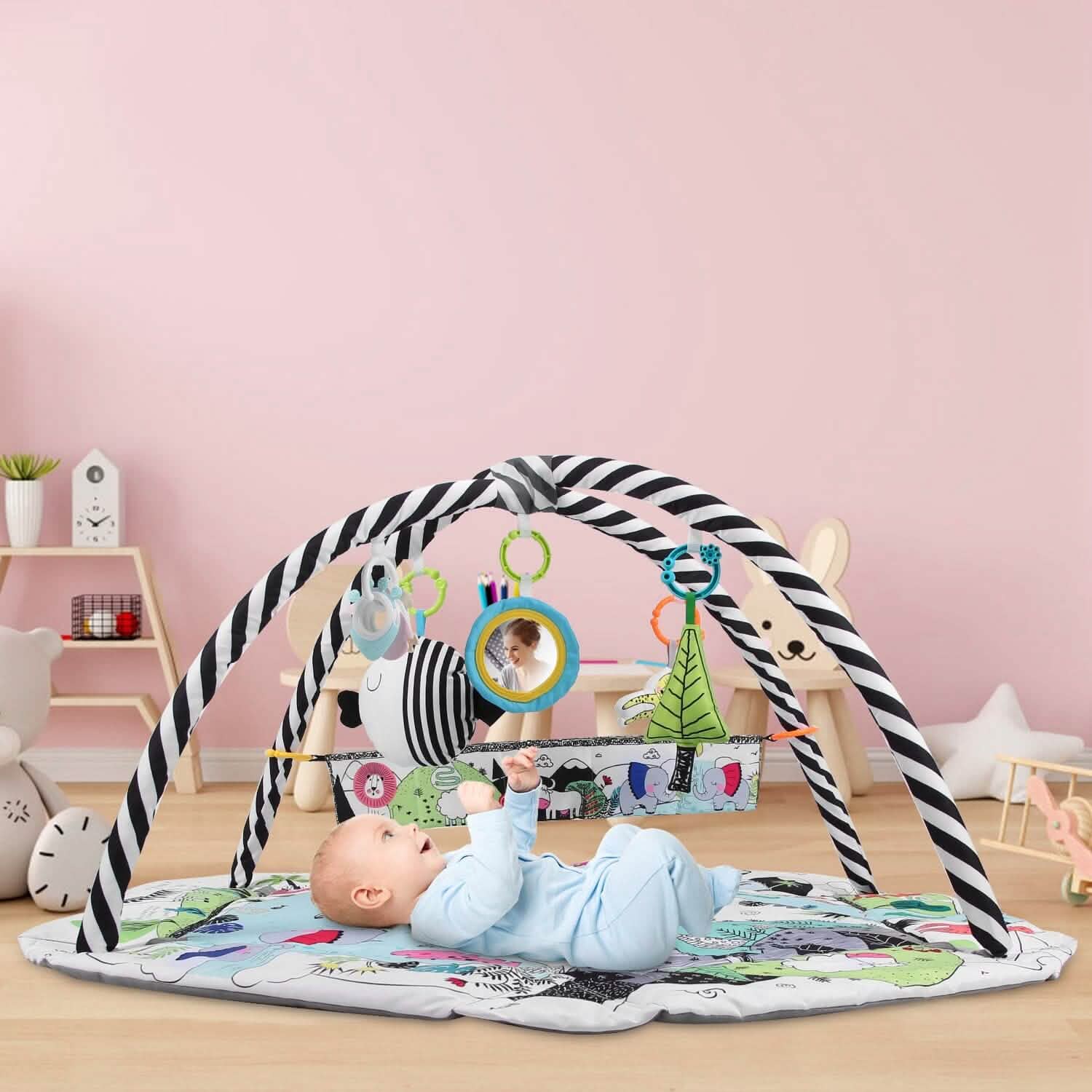 Tapis de Jeu et Parc Bébé 4-en-1 avec Oreiller, 18 Balles et 9 Jouets pour 0-3 Ans