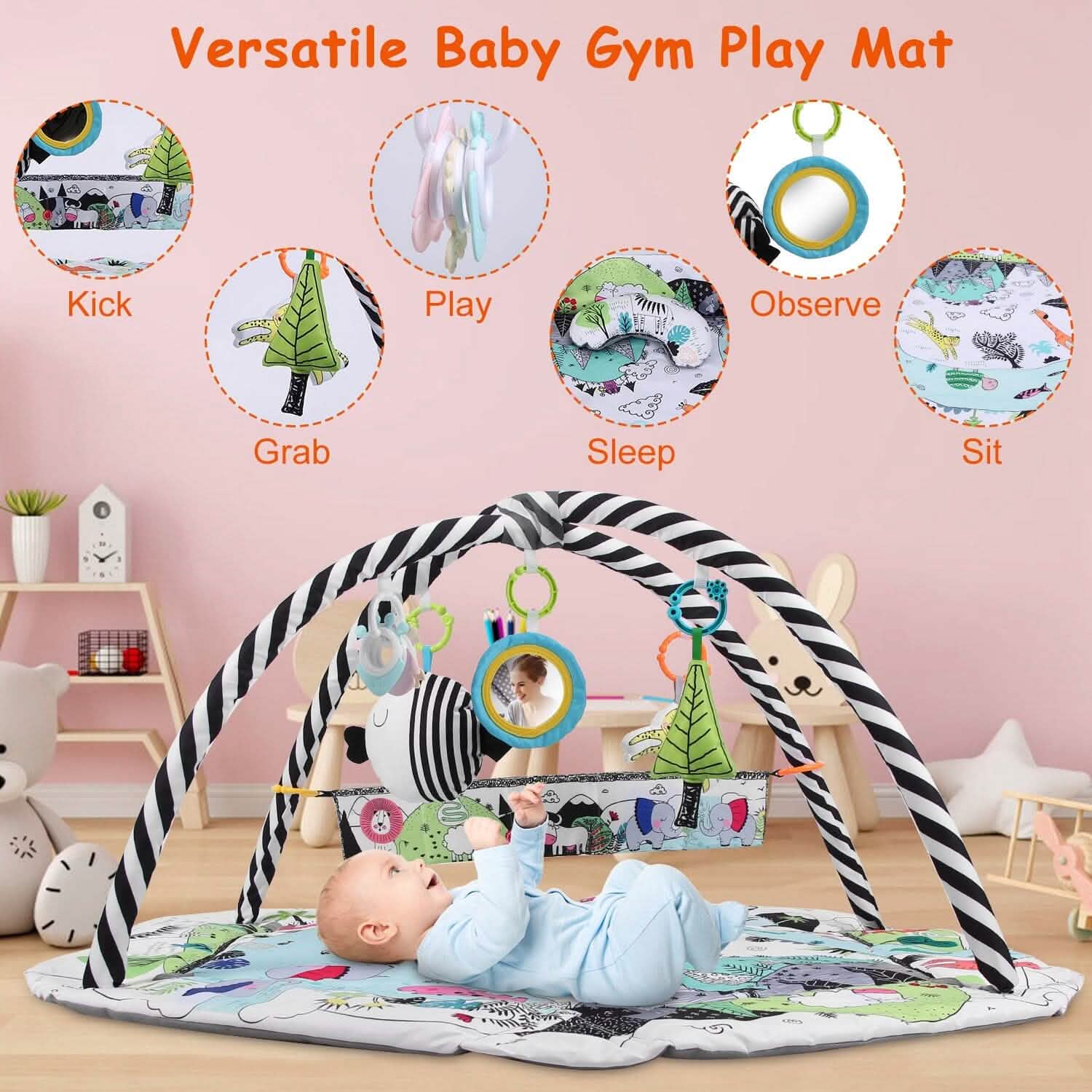 Tapis de Jeu et Parc Bébé 4-en-1 avec Oreiller, 18 Balles et 9 Jouets pour 0-3 Ans
