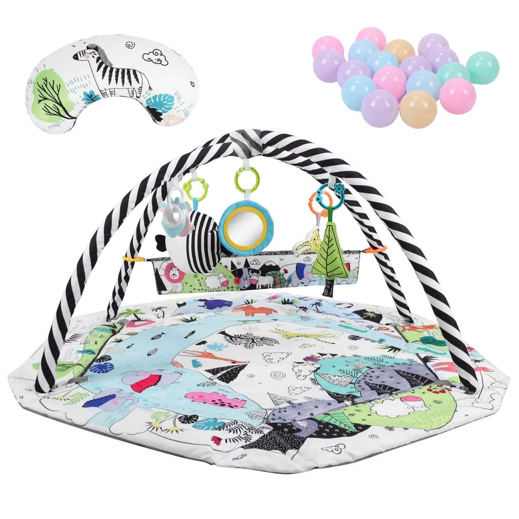Tapis de Jeu et Parc Bébé 4-en-1 avec Oreiller, 18 Balles et 9 Jouets pour 0-3 Ans