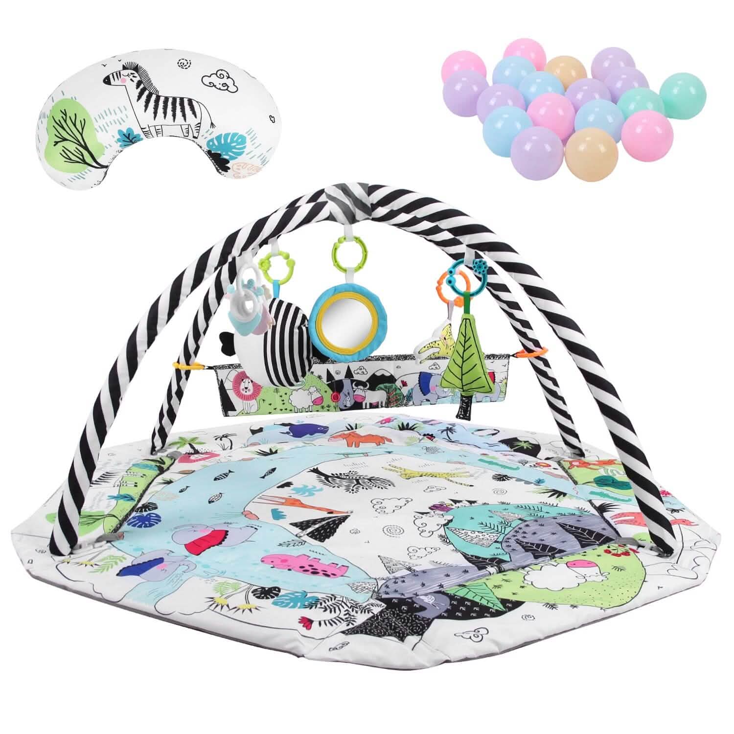 Tapis de Jeu et Parc Bébé 4-en-1 avec Oreiller, 18 Balles et 9 Jouets pour 0-3 Ans