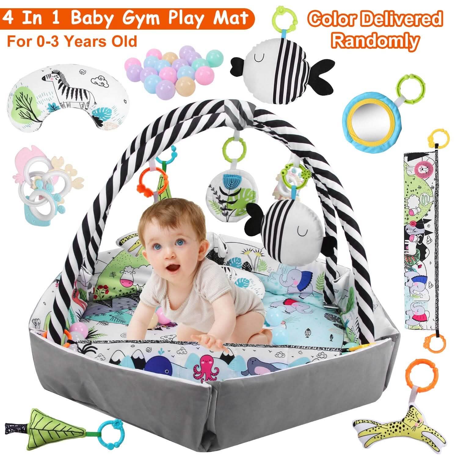 Tapis de Jeu et Parc Bébé 4-en-1 avec Oreiller, 18 Balles et 9 Jouets pour 0-3 Ans