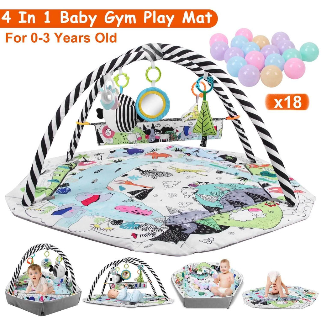 Tapis de Jeu et Parc Bébé 4-en-1 avec Oreiller, 18 Balles et 9 Jouets pour 0-3 Ans