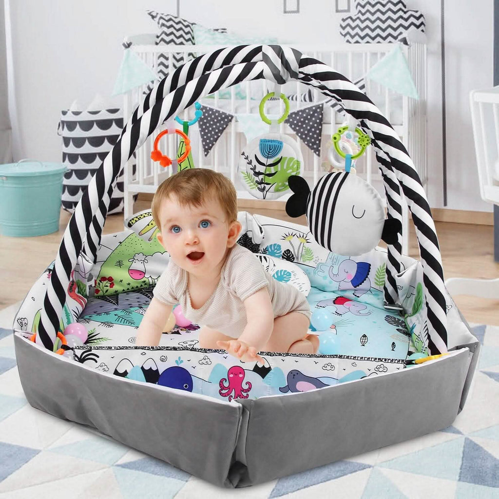 Tapis de Jeu et Parc Bébé 4-en-1 avec Oreiller, 18 Balles et 9 Jouets pour 0-3 Ans