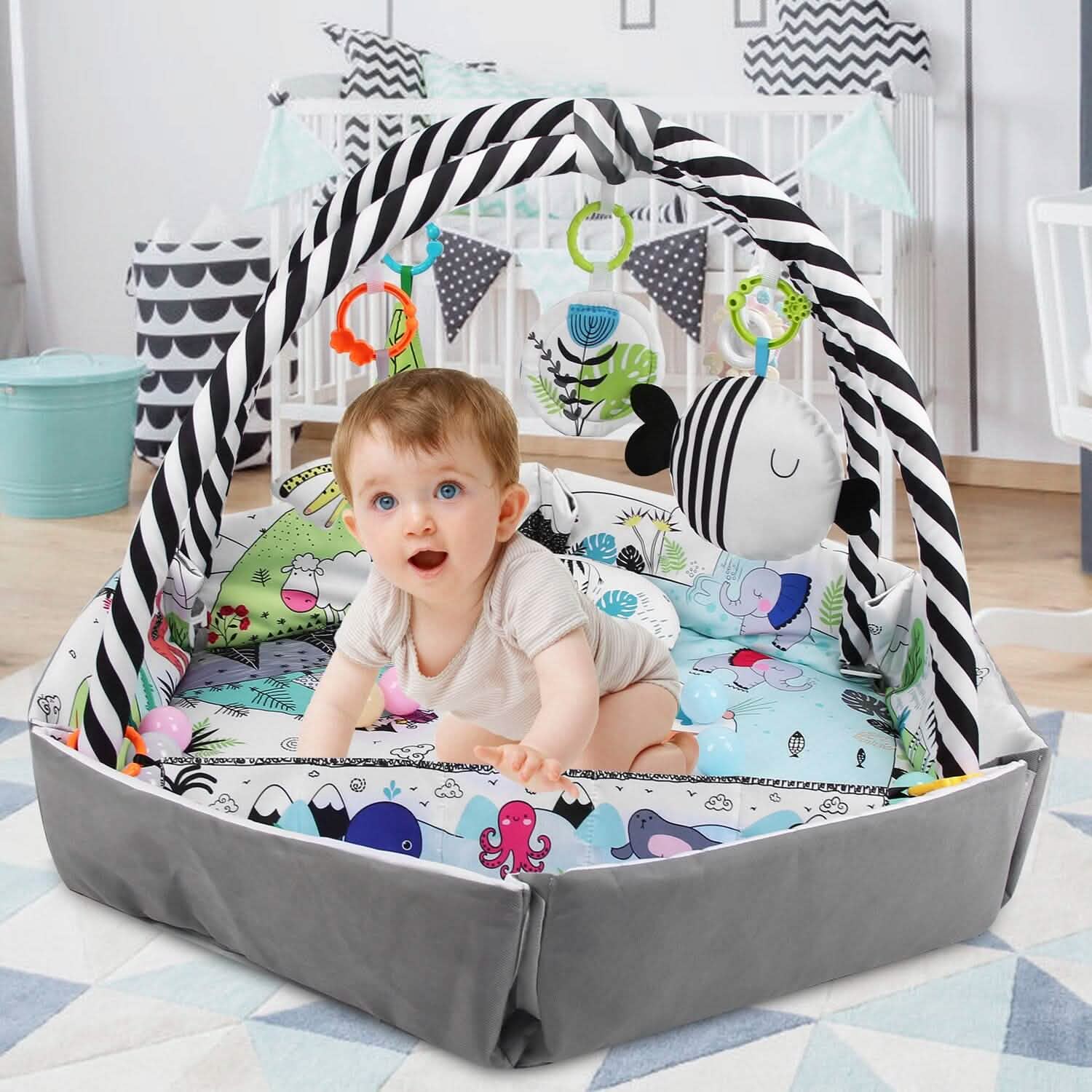 Tapis de Jeu et Parc Bébé 4-en-1 avec Oreiller, 18 Balles et 9 Jouets pour 0-3 Ans