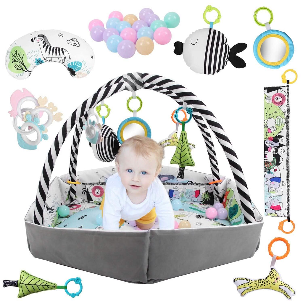 Tapis de Jeu et Parc Bébé 4-en-1 avec Oreiller, 18 Balles et 9 Jouets pour 0-3 Ans