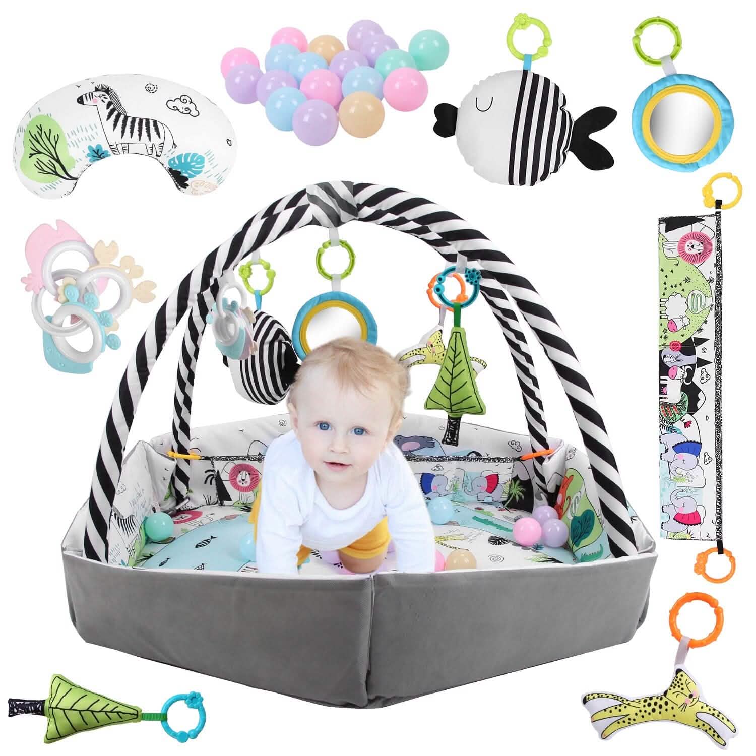 Tapis de Jeu et Parc Bébé 4-en-1 avec Oreiller, 18 Balles et 9 Jouets pour 0-3 Ans