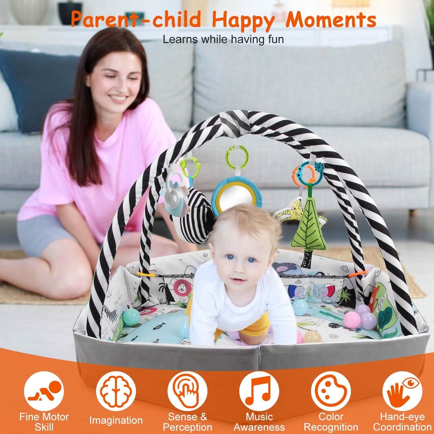 Tapis de Jeu et Parc Bébé 4-en-1 avec Oreiller, 18 Balles et 9 Jouets pour 0-3 Ans