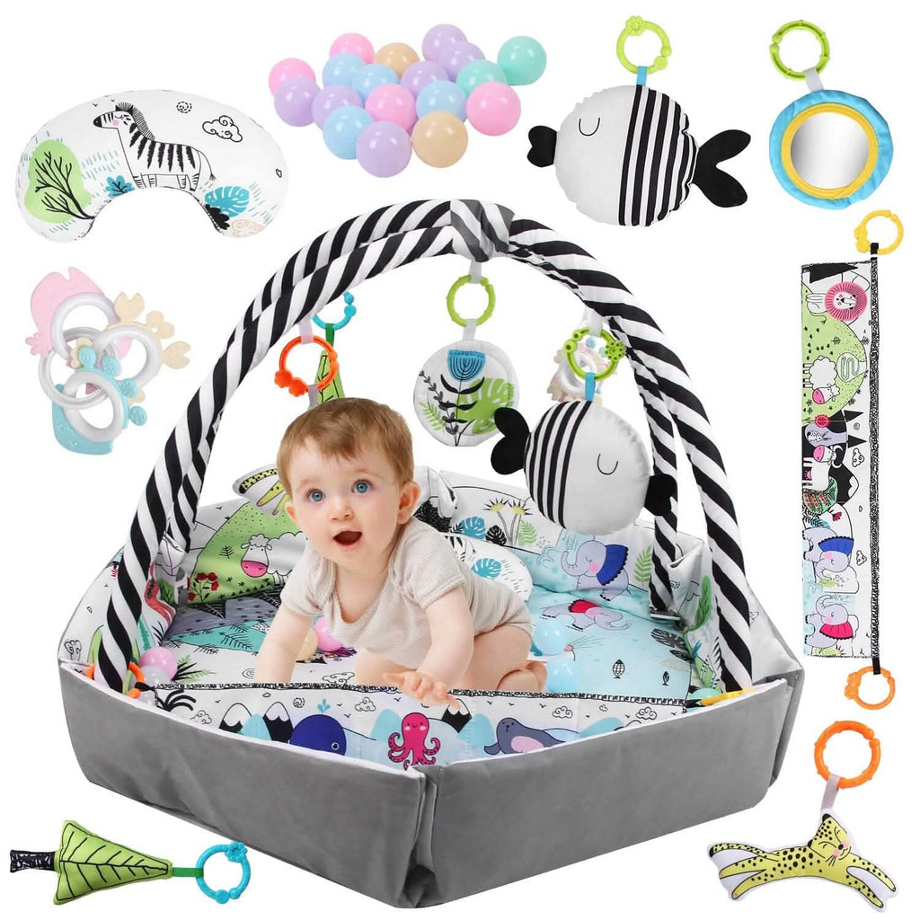 Tapis de Jeu et Parc Bébé 4-en-1 avec Oreiller, 18 Balles et 9 Jouets pour 0-3 Ans