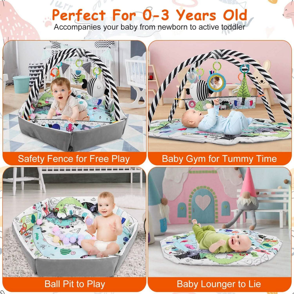 Tapis de Jeu et Parc Bébé 4-en-1 avec Oreiller, 18 Balles et 9 Jouets pour 0-3 Ans