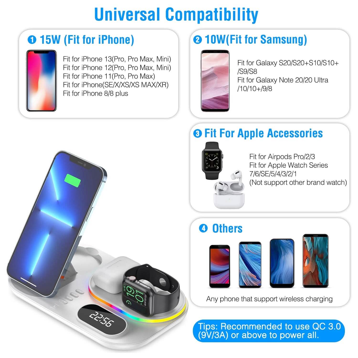 Support de station de recharge sans fil pliable 4 en 1