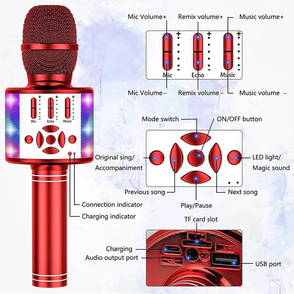Microphone de karaoké 4-en-1 avec lumières LED