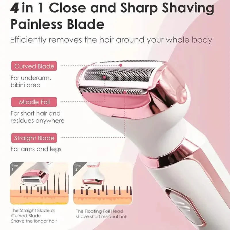 Rasoir électrique 4-en-1 ultra doux pour femmes - Utilisation sèche/humide, rechargeable par USB et portable pour tout le corps