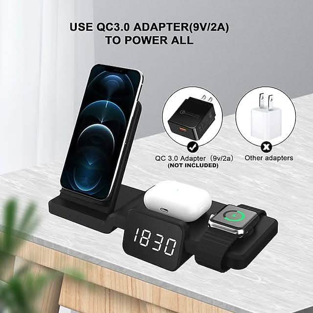 Chargeur sans fil 4-en-1 avec horloge numérique LED