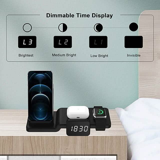 Chargeur sans fil 4-en-1 avec horloge numérique LED