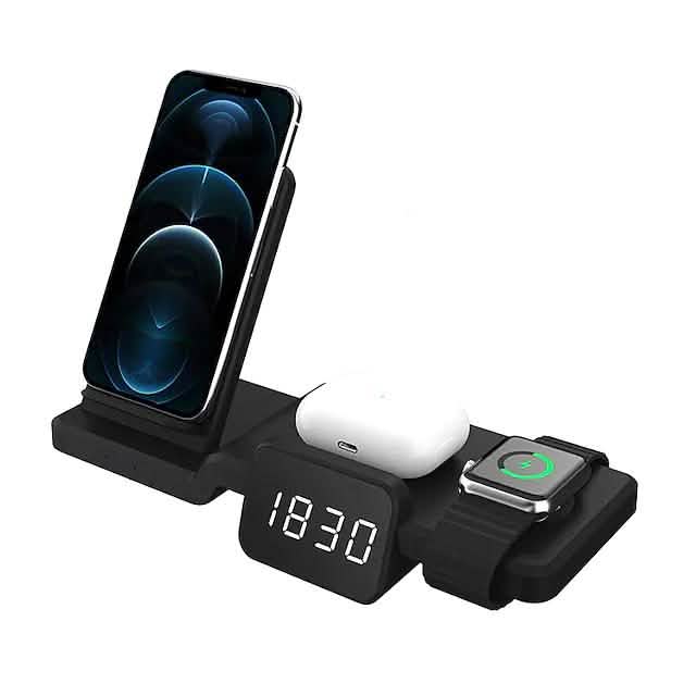 Chargeur sans fil 4-en-1 avec horloge numérique LED