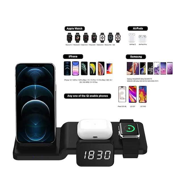 Chargeur sans fil 4-en-1 avec horloge numérique LED