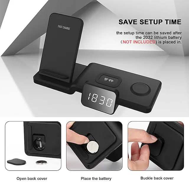 Chargeur sans fil 4-en-1 avec horloge numérique LED
