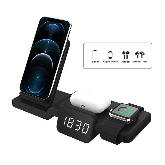Chargeur sans fil 4-en-1 avec horloge numérique LED