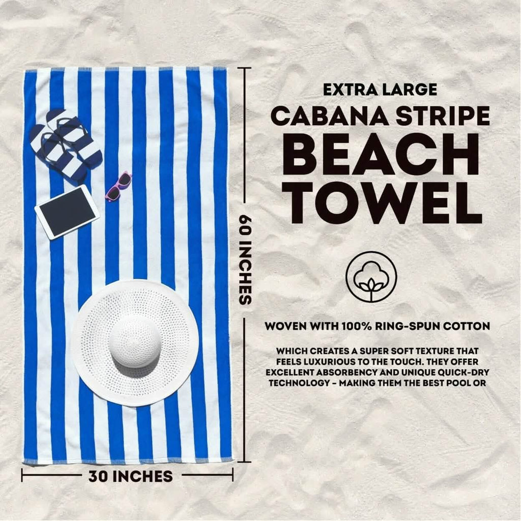 Lot de 4 serviettes de piscine/plage cabana hôtel rayées ultra douces 100 % coton de 76 x 152 cm