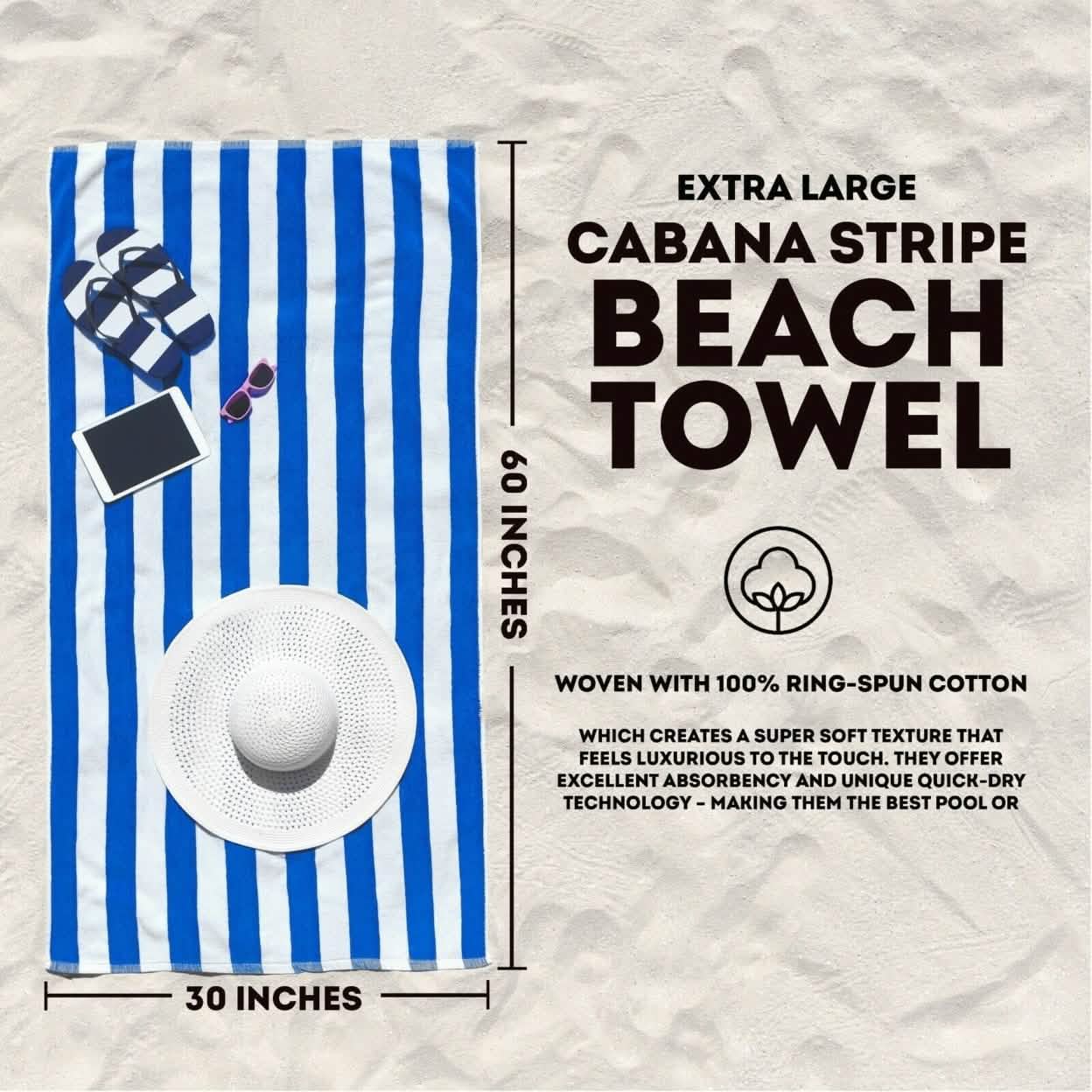 Lot de 4 serviettes de piscine/plage cabana hôtel rayées ultra douces 100 % coton de 76 x 152 cm