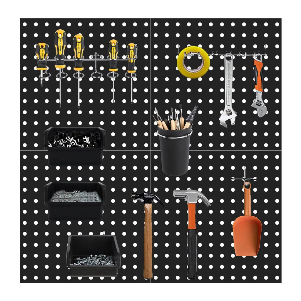Lot de 4 : Organisateur mural en métal noir pour tableau perforé avec espacement de 2,5 cm et trous de 6 mm