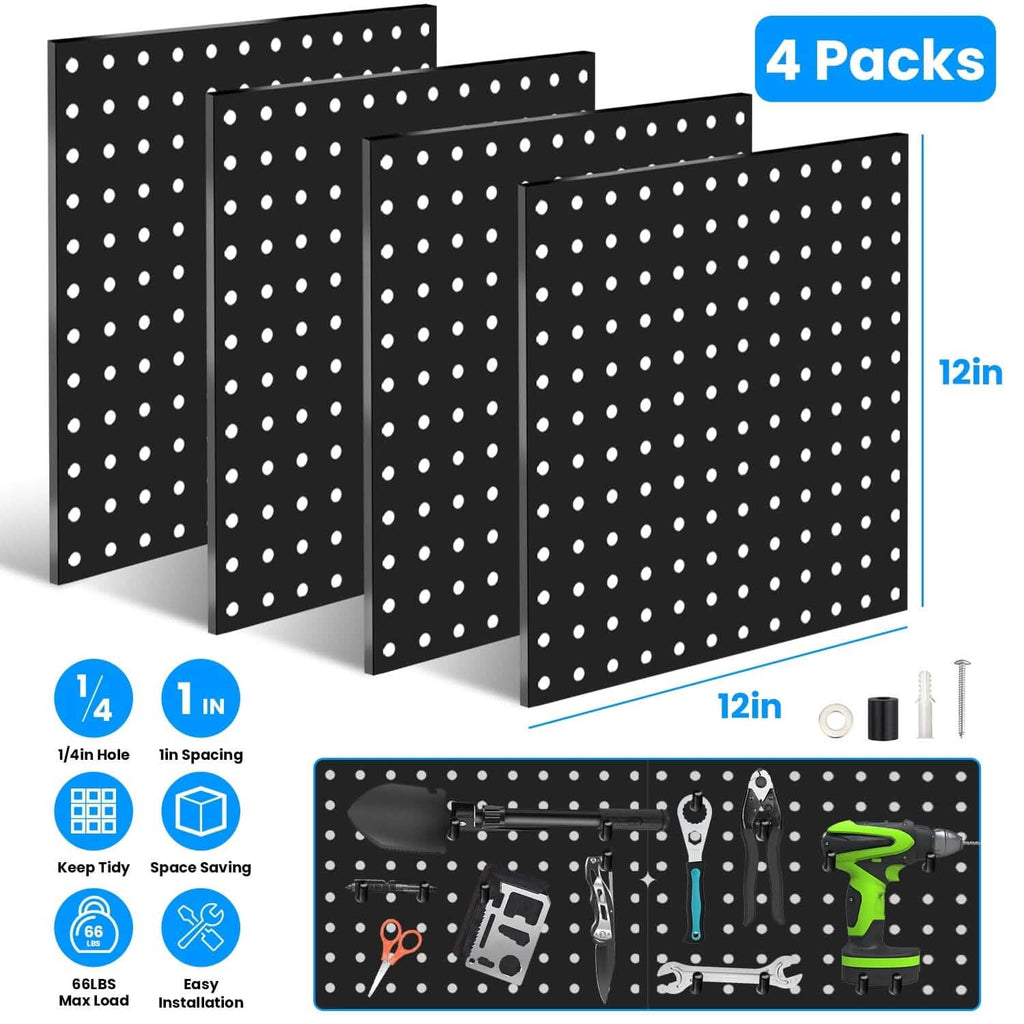 Lot de 4 : Organisateur mural en métal noir pour tableau perforé avec espacement de 2,5 cm et trous de 6 mm