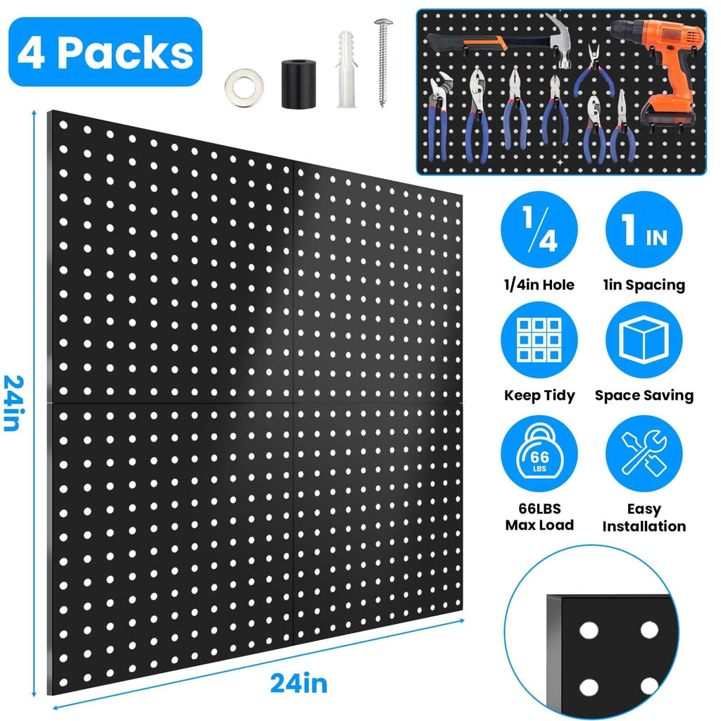Lot de 4 : Organisateur mural en métal noir pour tableau perforé avec espacement de 2,5 cm et trous de 6 mm