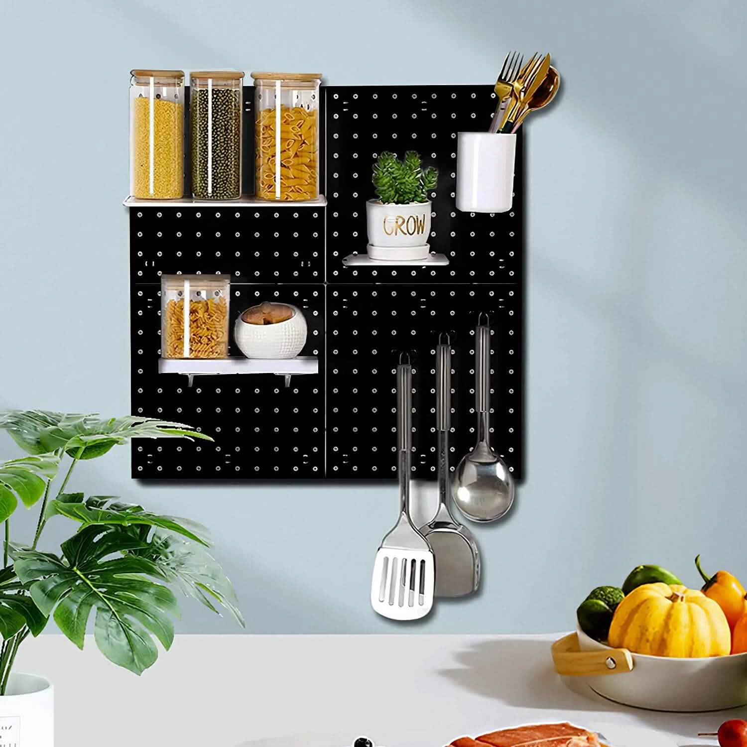 Lot de 4 : Organisateur mural en métal noir pour tableau perforé avec espacement de 2,5 cm et trous de 6 mm