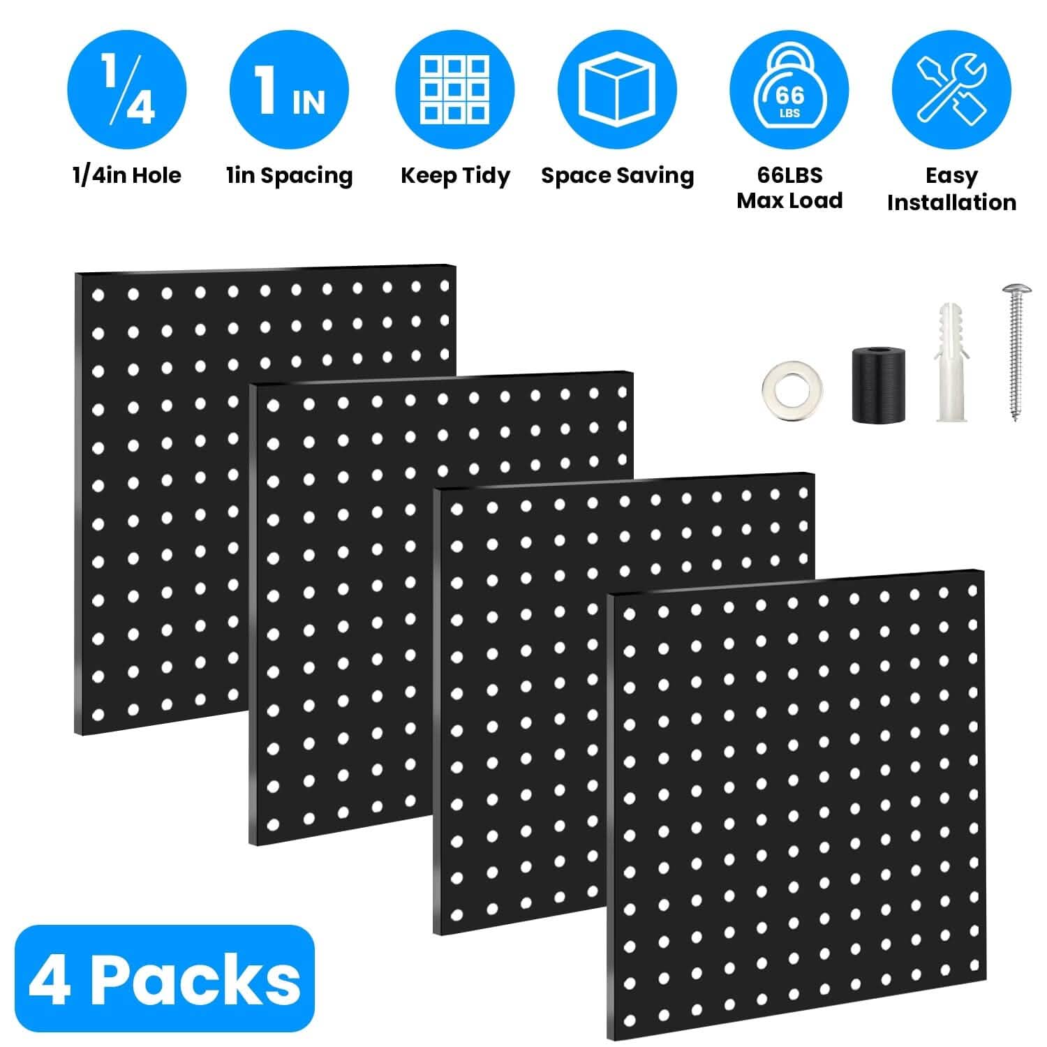 Lot de 4 : Organisateur mural en métal noir pour tableau perforé avec espacement de 2,5 cm et trous de 6 mm