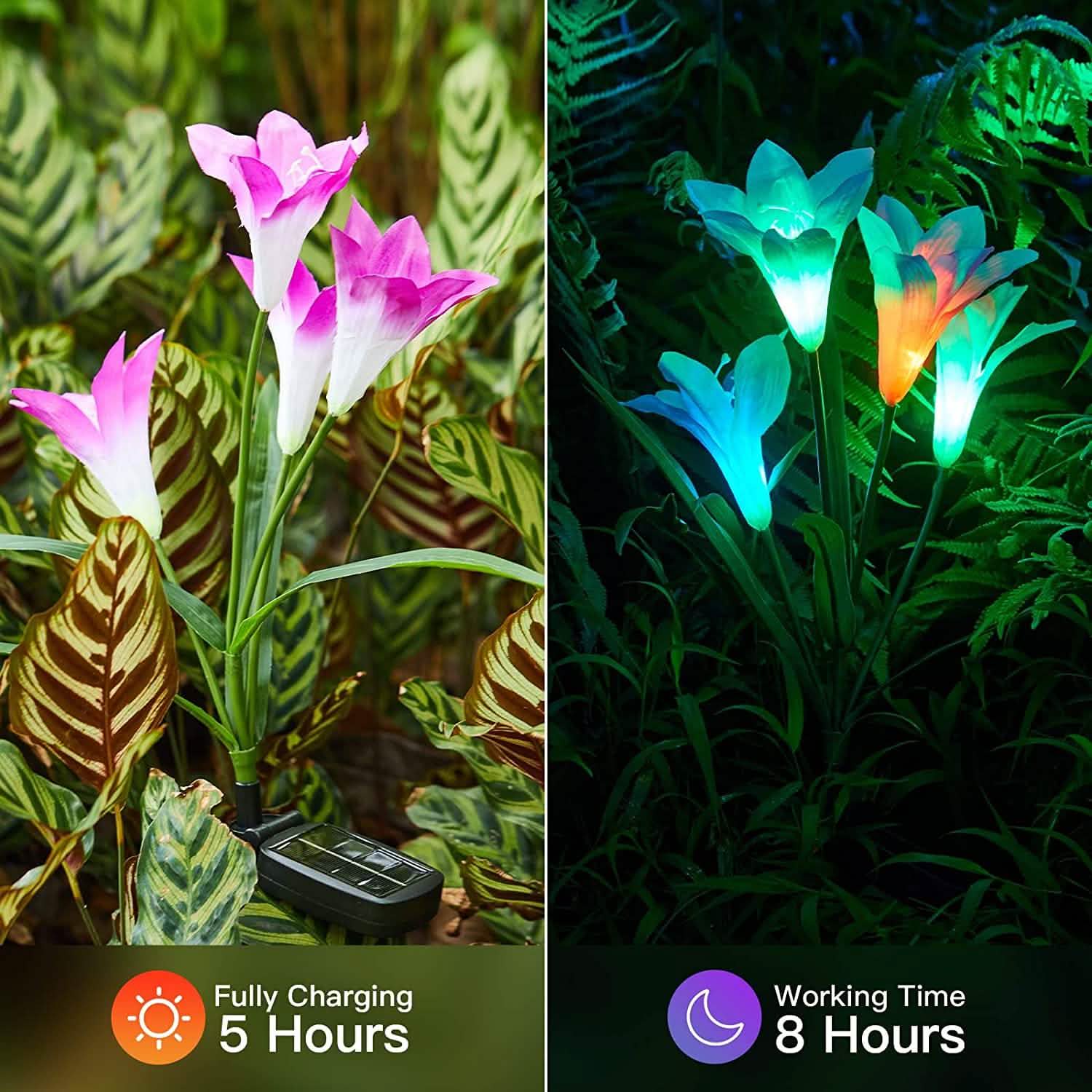 Lot de 4 : Lampes solaires de jardin à changement de couleur avec 16 grandes fleurs de lys
