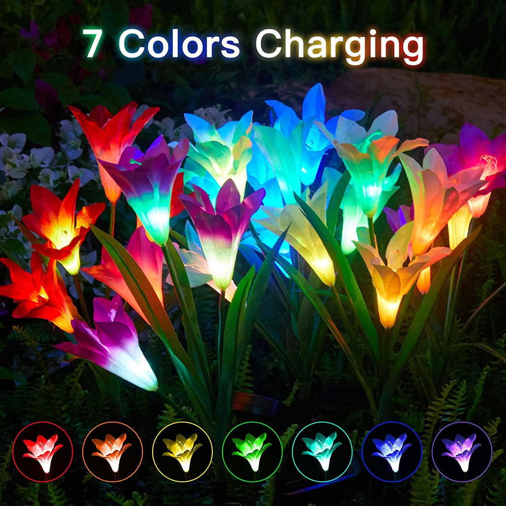 Lot de 4 : Lampes solaires de jardin à changement de couleur avec 16 grandes fleurs de lys