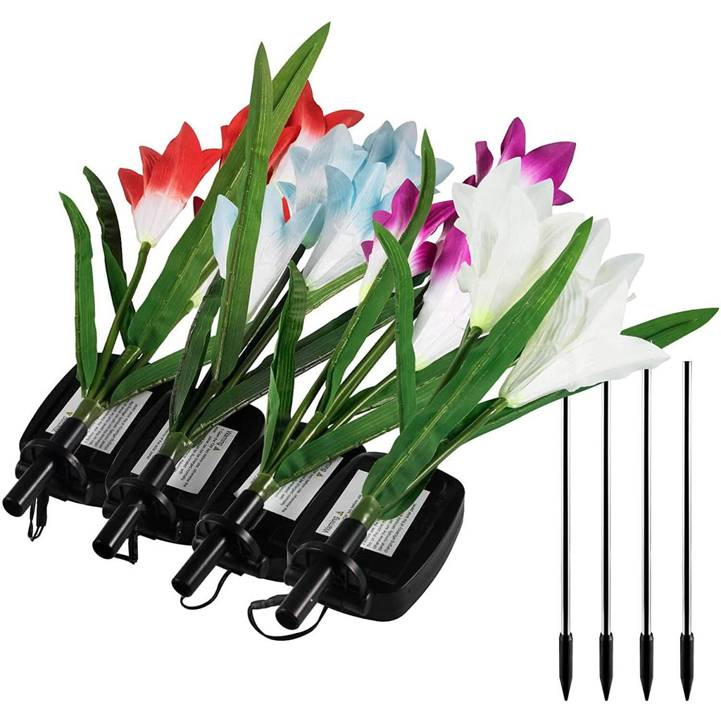 Lot de 4 : Lampes solaires de jardin à changement de couleur avec 16 grandes fleurs de lys