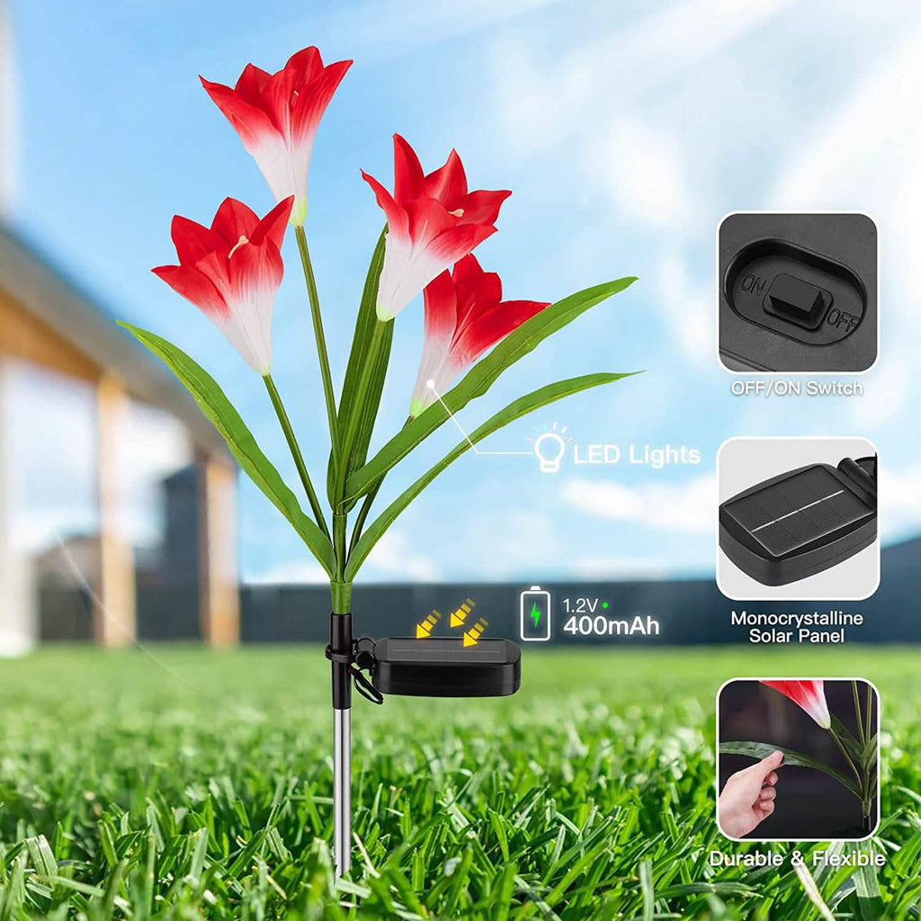 Lot de 4 : Lampes solaires de jardin à changement de couleur avec 16 grandes fleurs de lys