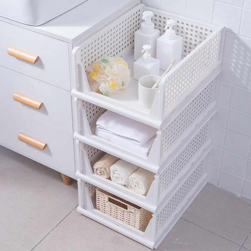 Lots de 4 : Boîte de rangement en plastique Organisateur de placard pliable avec rail coulissant Push-Pull