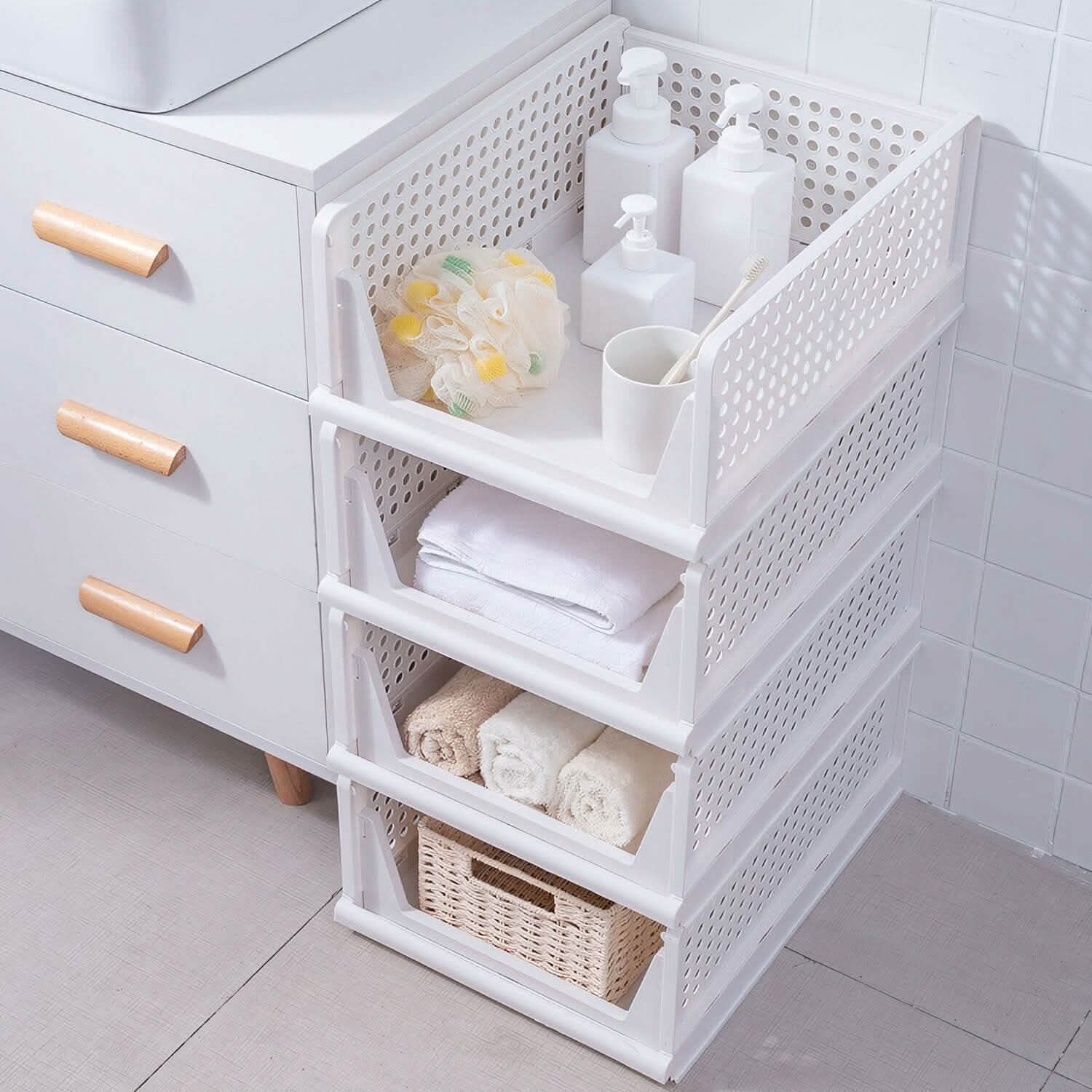 Lots de 4 : Boîte de rangement en plastique Organisateur de placard pliable avec rail coulissant Push-Pull