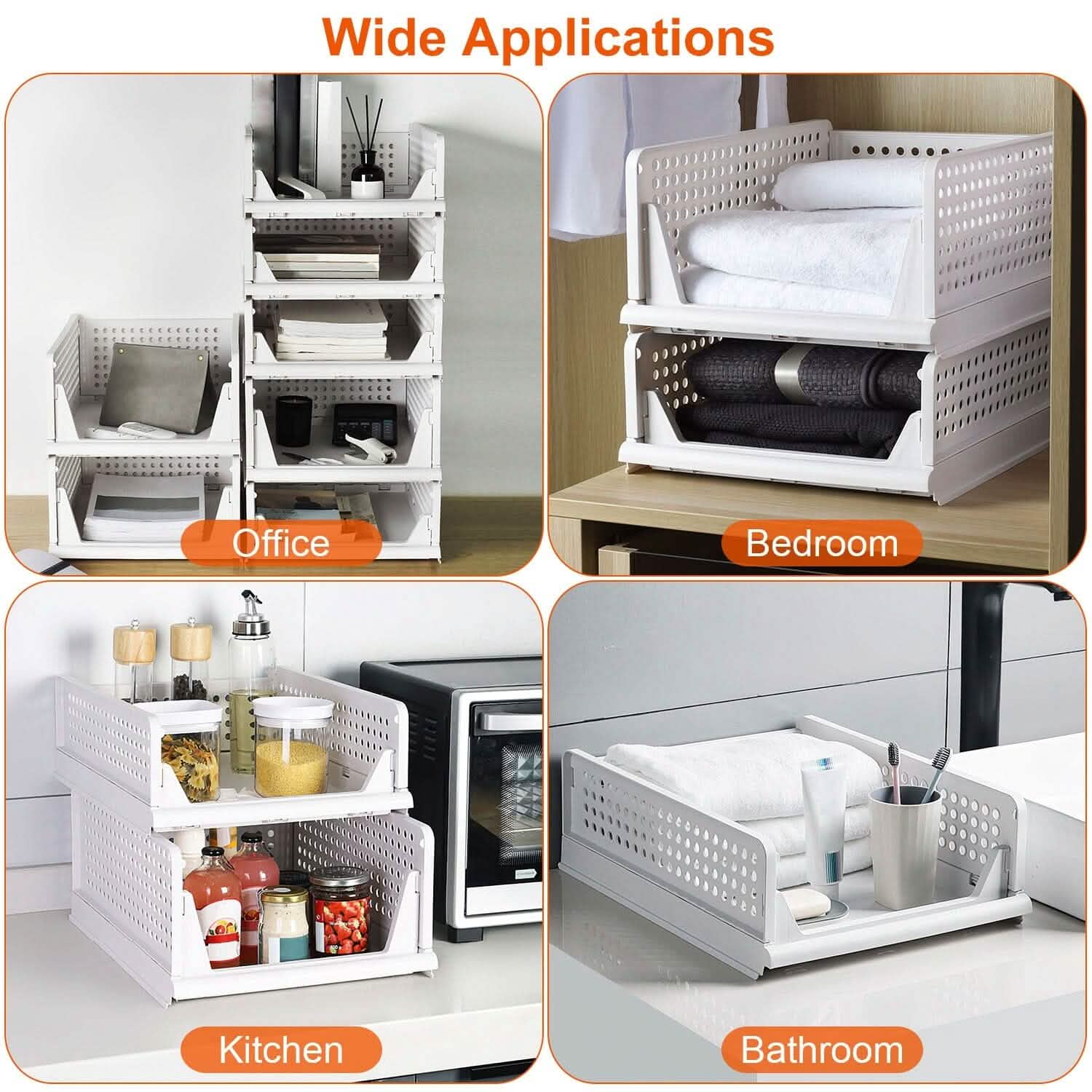 Lots de 4 : Boîte de rangement en plastique Organisateur de placard pliable avec rail coulissant Push-Pull