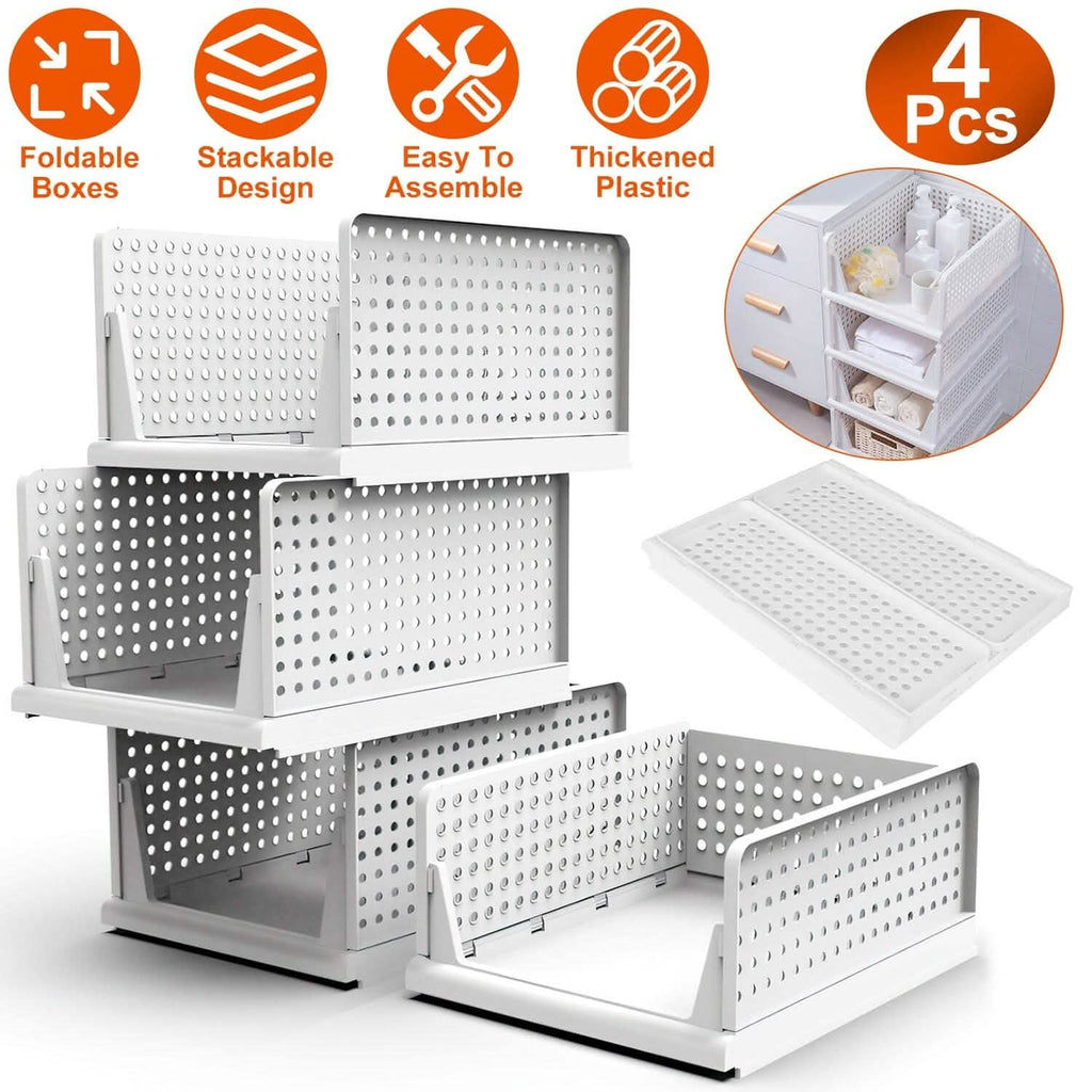 Lots de 4 : Boîte de rangement en plastique Organisateur de placard pliable avec rail coulissant Push-Pull