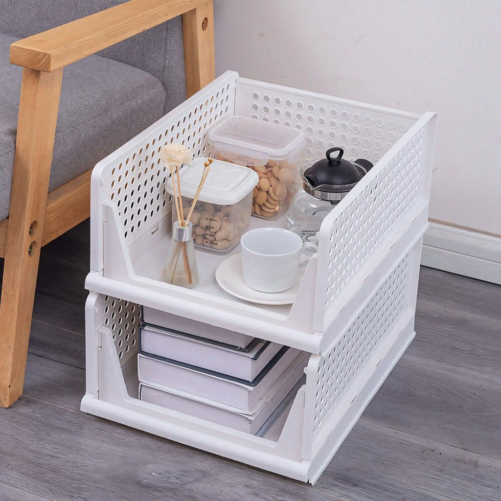 Lots de 4 : Boîte de rangement en plastique Organisateur de placard pliable avec rail coulissant Push-Pull