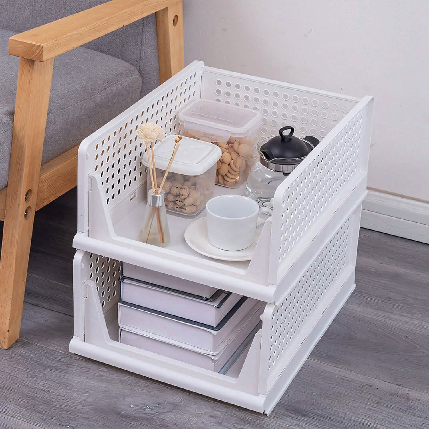 Lots de 4 : Boîte de rangement en plastique Organisateur de placard pliable avec rail coulissant Push-Pull