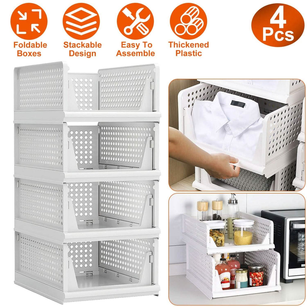 Lots de 4 : Boîte de rangement en plastique Organisateur de placard pliable avec rail coulissant Push-Pull