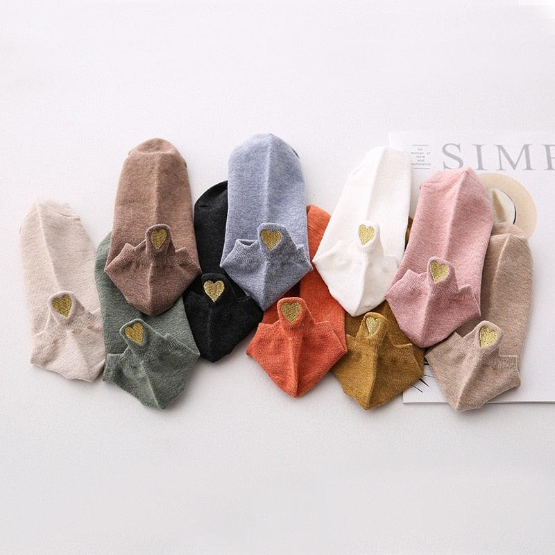 Lot de 4 paires de chaussettes fantaisie en coton antidérapant, invisibles, pour femme, motif cœur brodé, printemps, décontractées et amusantes