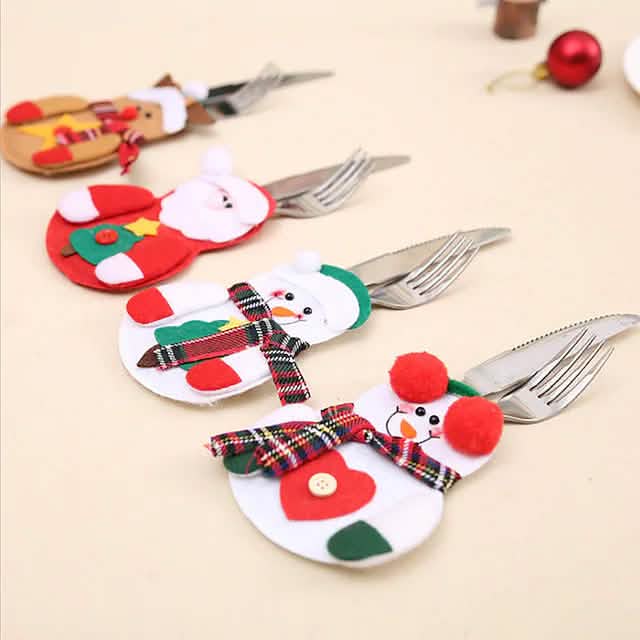 Lot de 4 : Ensembles de vaisselle de Noël Housse de couteau et de fourchette de Noël