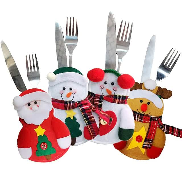 Lot de 4 : Ensembles de vaisselle de Noël Housse de couteau et de fourchette de Noël