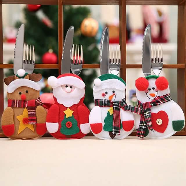 Lot de 4 : Ensembles de vaisselle de Noël Housse de couteau et de fourchette de Noël