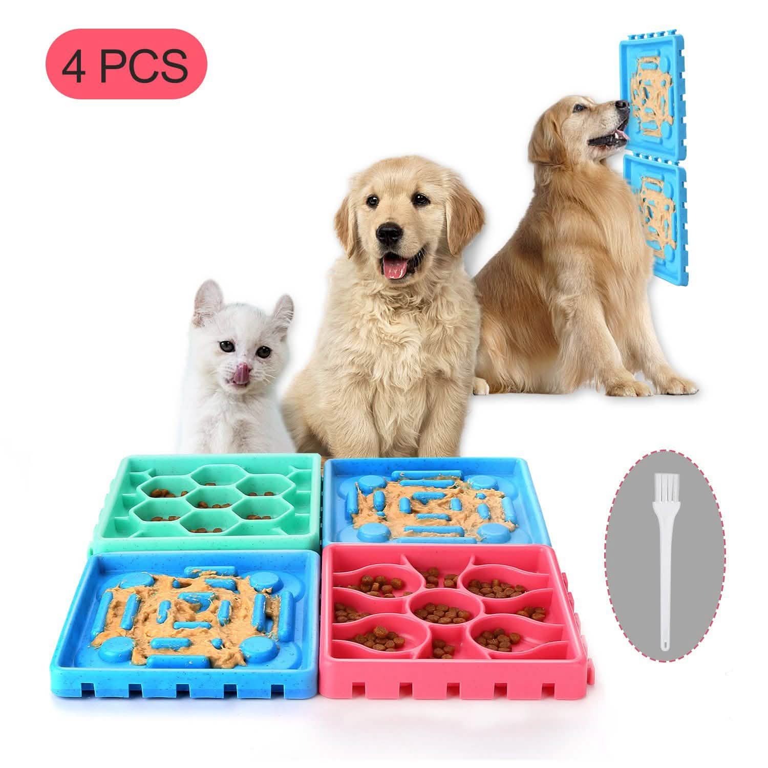 Lot de 4 : Gamelle anti-glouton et tapis de léchage pour animaux de compagnie