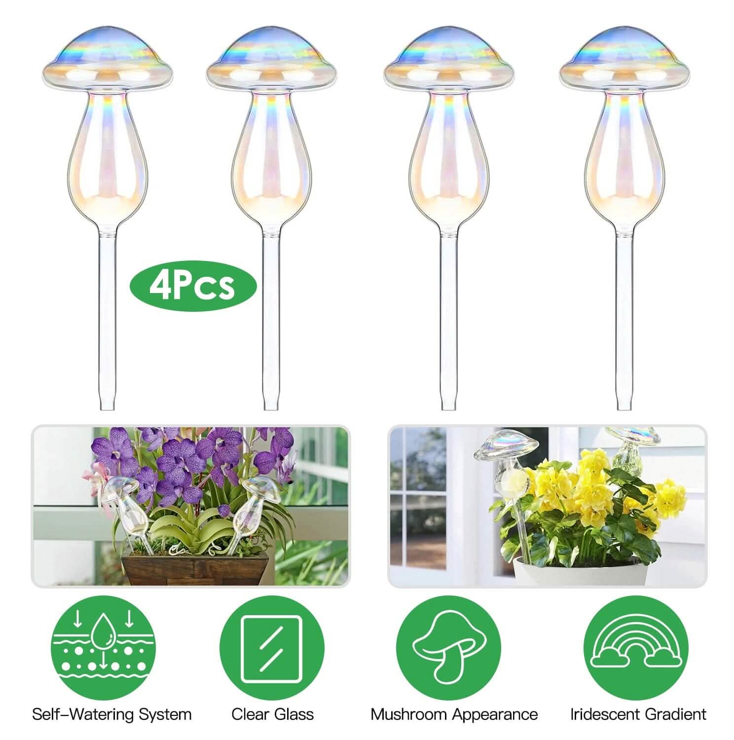 4 pièces : Arrosoirs à plantes en verre transparent Champignon irisé dégradé arc-en-ciel