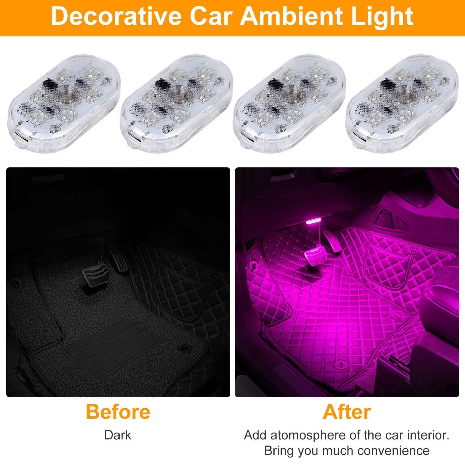 4 pièces : Lumière d'ambiance intérieure de voiture sans fil rechargeable par USB