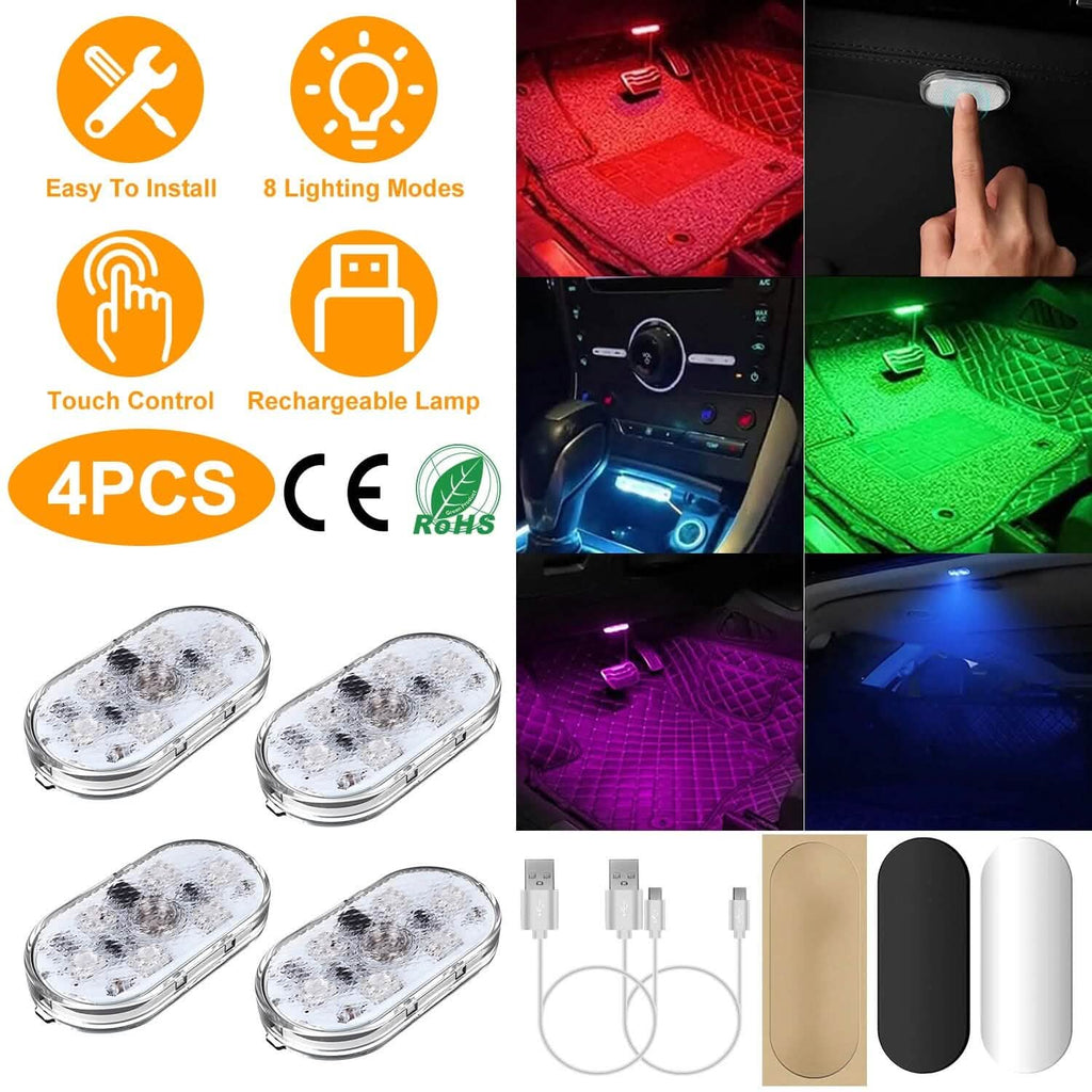 4 pièces : Lumière d'ambiance intérieure de voiture sans fil rechargeable par USB