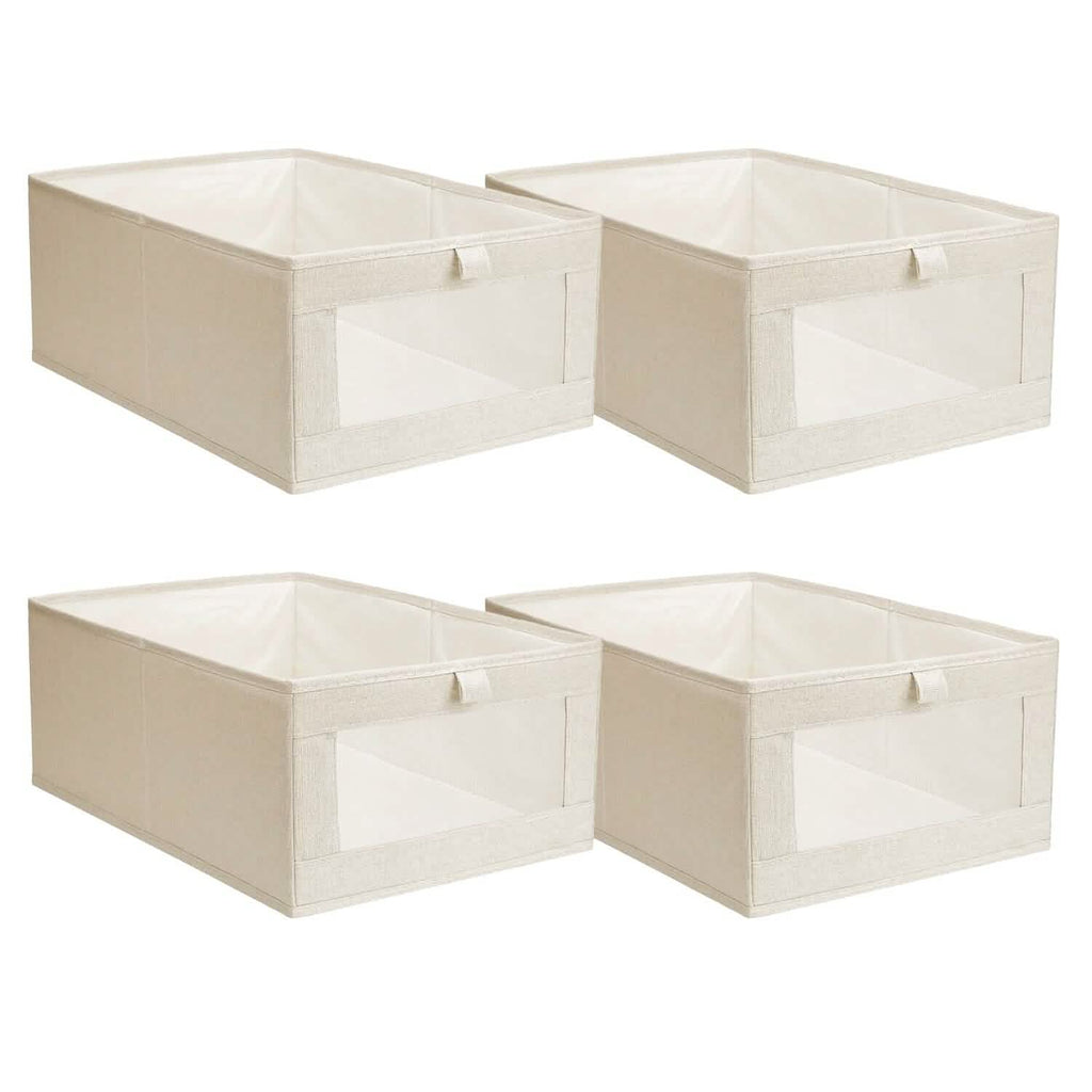 Lot de 4: Bac de Rangement Pliable en Lin pour Vêtements avec Fenêtre Transparente Visible